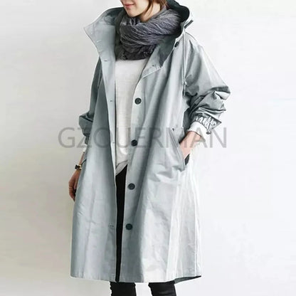 Casual Hooded Windbreaker for Women – Long Style Solid Color Trench Coat with Long Sleeves, Loose Fit Cardigan Dust Coat Sabriel