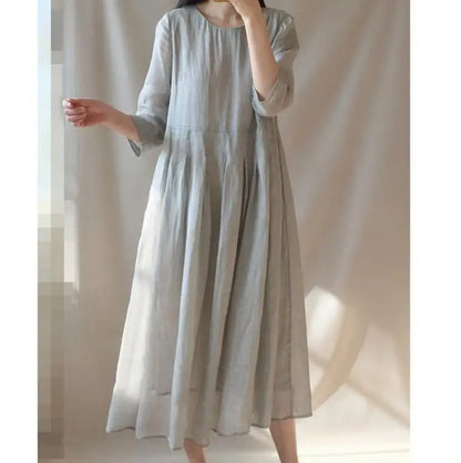 Women's Retro Loose Long Summer Dress - Cotton Linen Half Sleeve Vacation Outfit with O-Neck and Solid Color Design Colleen