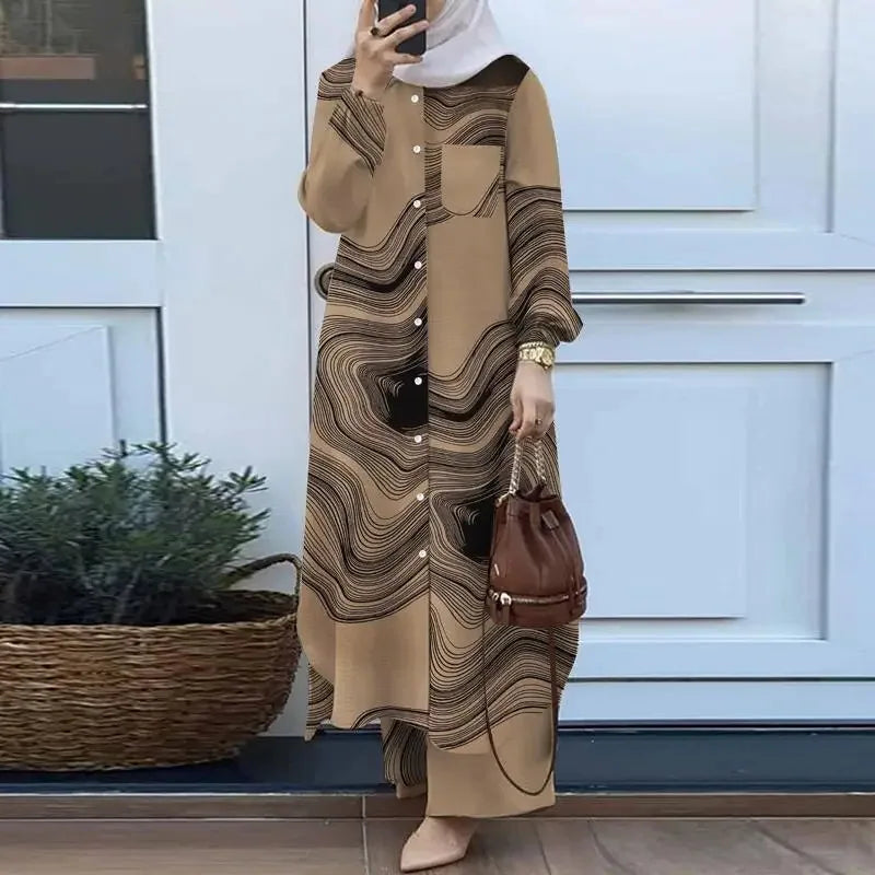 Muslim Women's Arabic Style Two-Piece Outfit – Long-Sleeve Shirt and Trousers Set for Modest Fashion Hiba