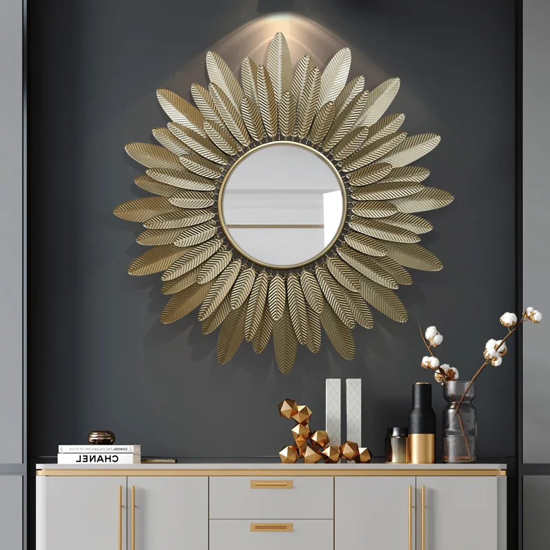 Large Gold Metal Frame Wall Art Mirror – Modern Feather Design Decorative Mirror for Living Room
