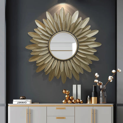 Large Gold Metal Frame Wall Art Mirror – Modern Feather Design Decorative Mirror for Living Room