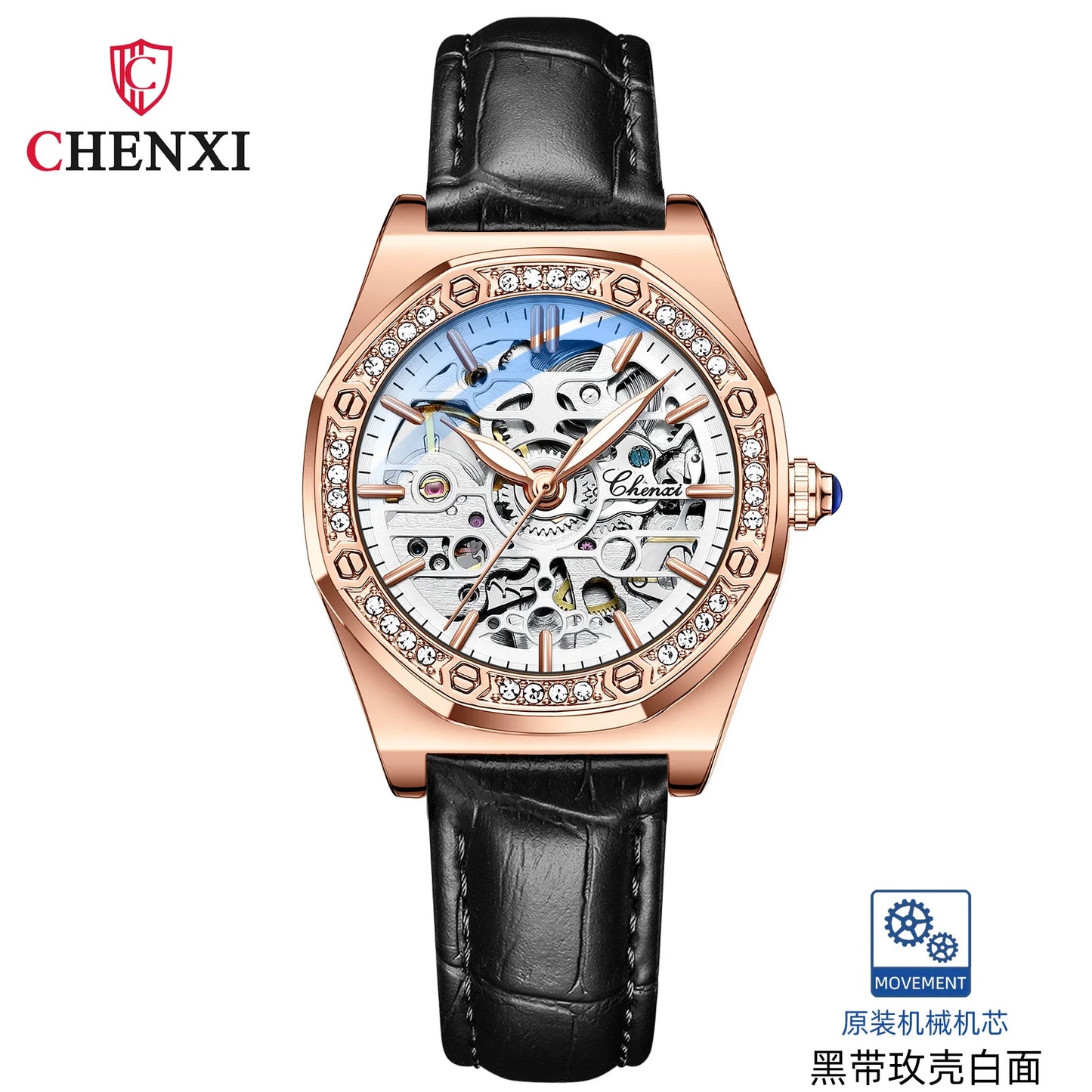 CHENXI Women’s Skeleton Diamond Automatic Watch | 8848 Luxury Stainless Steel Mechanical Wristwatch – Waterproof Bracelet for Girls & Women
