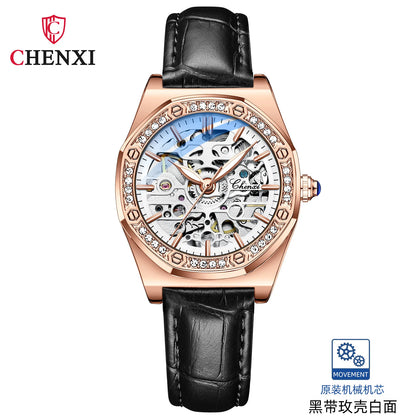 CHENXI Women’s Skeleton Diamond Automatic Watch | 8848 Luxury Stainless Steel Mechanical Wristwatch – Waterproof Bracelet for Girls & Women