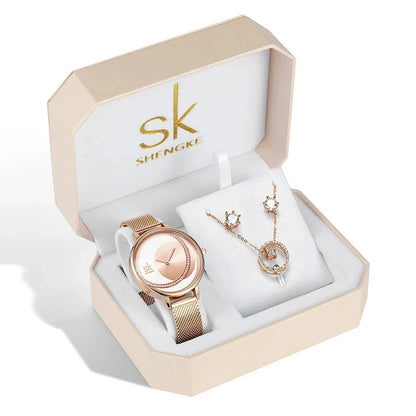 SK Women’s Watch and Bracelet Set – Fashion Bling Jewelry Gift Set with Necklace | Stylish Ladies Wristwatch Set