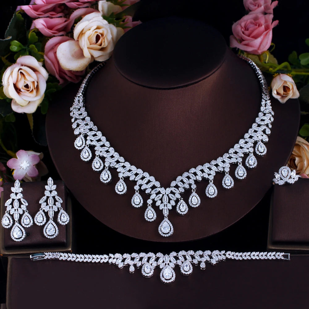 4pcs Luxury Cubic Zirconia Tassel Jewelry Set for Women – Big Necklace, Earrings, Bracelet & Ring | Bridal Wedding Jewelry Anne-Claire