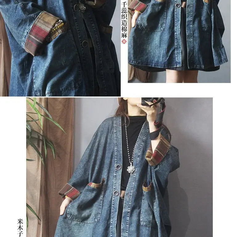 Vintage Casual Loose Denim Women's Coat with Pockets – Mid-Length V-Neck Jacket Maeve