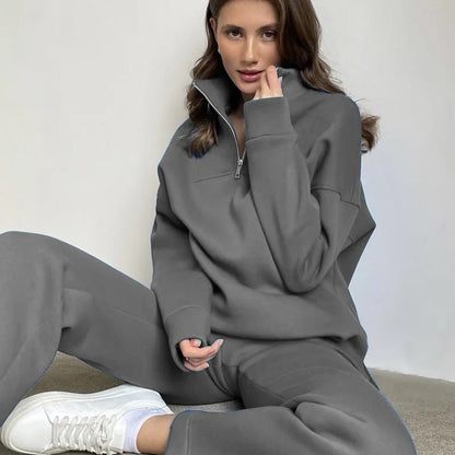 Autumn Women's Fashion Set - Stand Collar Loose Sweatshirt & Casual Pants