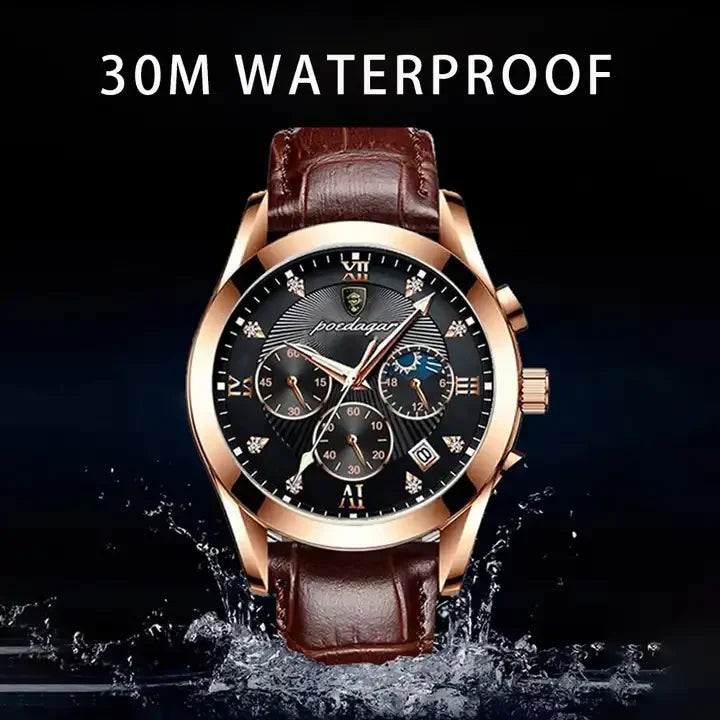 POEDAGAR 820 Men's Sport Watch – Genuine Leather Quartz Wristwatch, Waterproof, Luminous, and Stylish Relojes Para Hombre Olivier