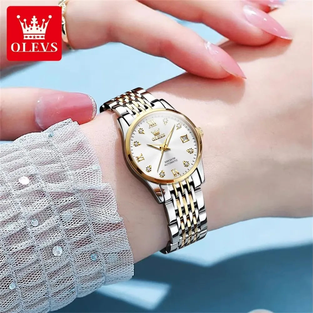 OLEVS 6673 Women’s Diamond Dial Mechanical Watch – Simple, Fashionable, Classic Automatic Calendar Ladies Watch