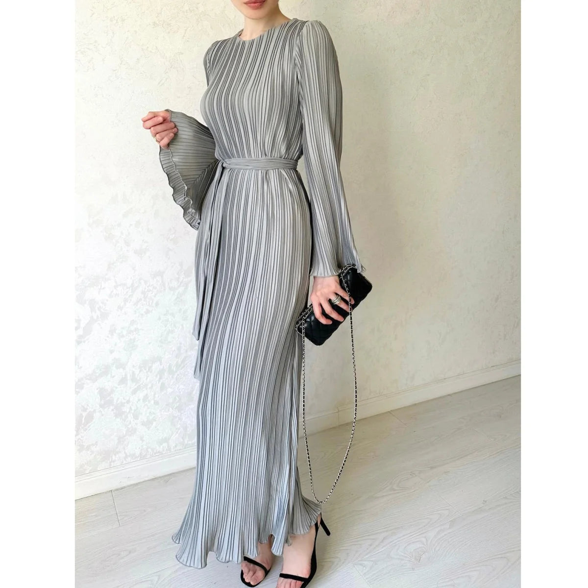 Women's Knitted Lace-Up Dress | Elegant Solid Stripe Design, Long Sleeve O-Neck Casual Spring Dress Yasmin
