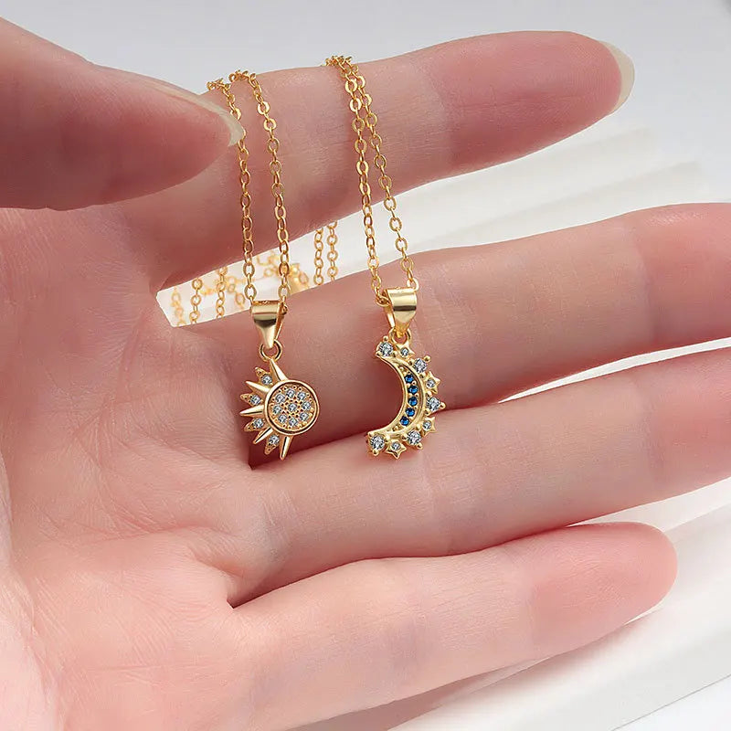 Sterling Silver Sun and Moon Couple Necklace – Custom Fine Pendant for Anniversary Gift Set Kelsa