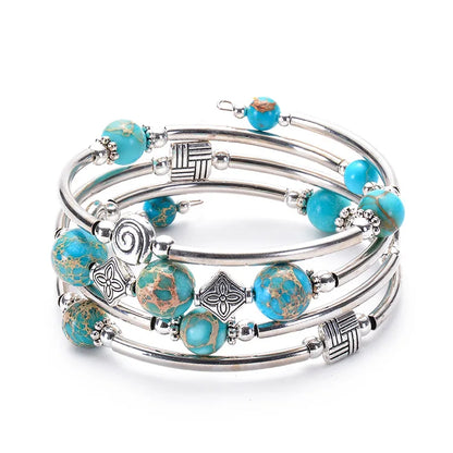Fashion Charm Natural Stone Beaded Bracelet – Turquoise Crystal Multilayer Spiral Memory Wrap Bangle for Women Helena