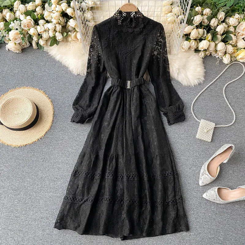 Women's Fall Winter Long-Sleeve Lace Midi Dress – Elegant Hollow-Out Design with Stand Collar and Empire Waist