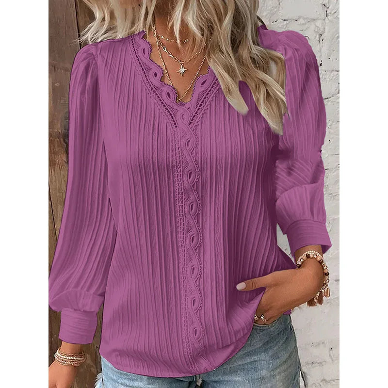 Women's White Lace V-Neck Blouse - Long Sleeve Casual Shirt Jenna