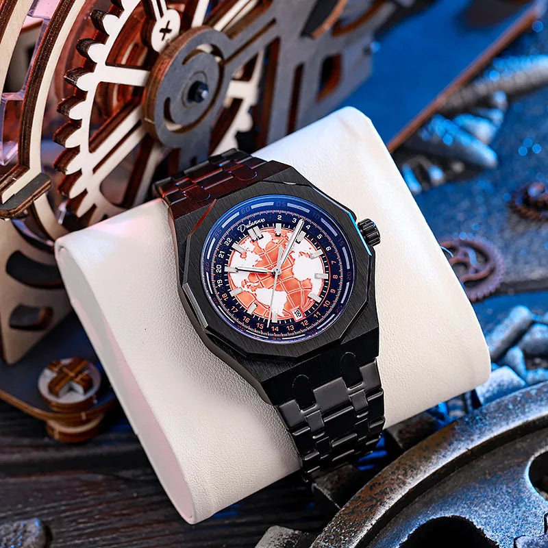 Luxury Men’s Automatic Watch – Stainless Steel Band, Waterproof Mechanical Wristwatch with Custom Earth Dial Edmund