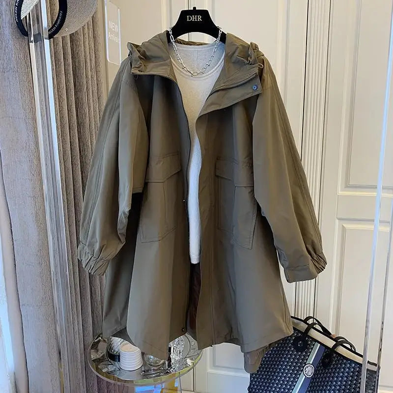 Casual Spring Cotton Hooded Windbreaker with Pockets – Solid Color Long Sleeve Women's Trench Coat Egwene