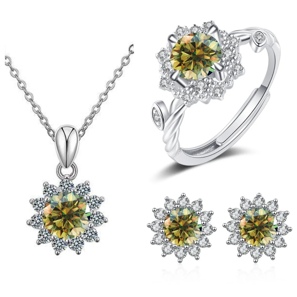 S925 Sterling Silver Stud Earrings & Pendant Set | 1 Carat Moissanite Necklace | Classic Sunflower Design | Perfect Valentine’s Day Gift Serafina