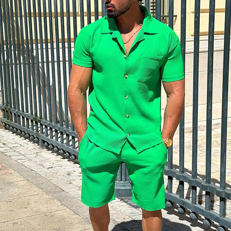 Men's Two-Piece Summer Outfit | Casual Solid Rib Short-Sleeve Shirt & Shorts with Drawstring Pockets - Perfect for Beach & Holidays Matthew
