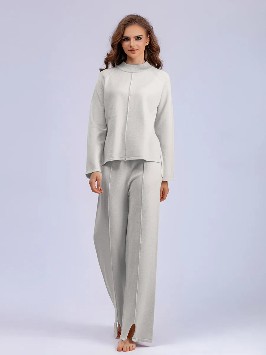 Women's Knitted Loose-Fit Pullover Sweater & Wide-Leg Pants Set – Solid Color, Casual Knitwear for Home and Lounge Ashlyn