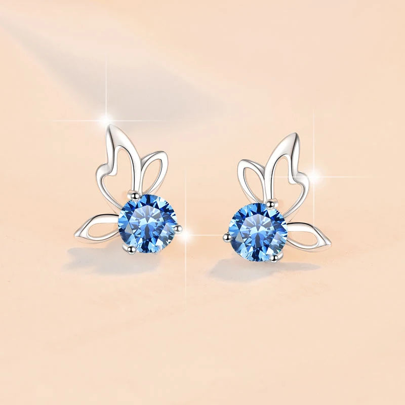 Fine Jewelry | 0.5Ct×2 Round Blue Moissanite Angel Wing Earrings | GRA Certified S925 Sterling Silver Studs for Women Jen