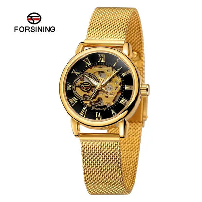 Forsining Women’s Skeleton Watch | Stainless Steel Transparent Mechanical Wristwatch – Waterproof Luxury Watch for Women