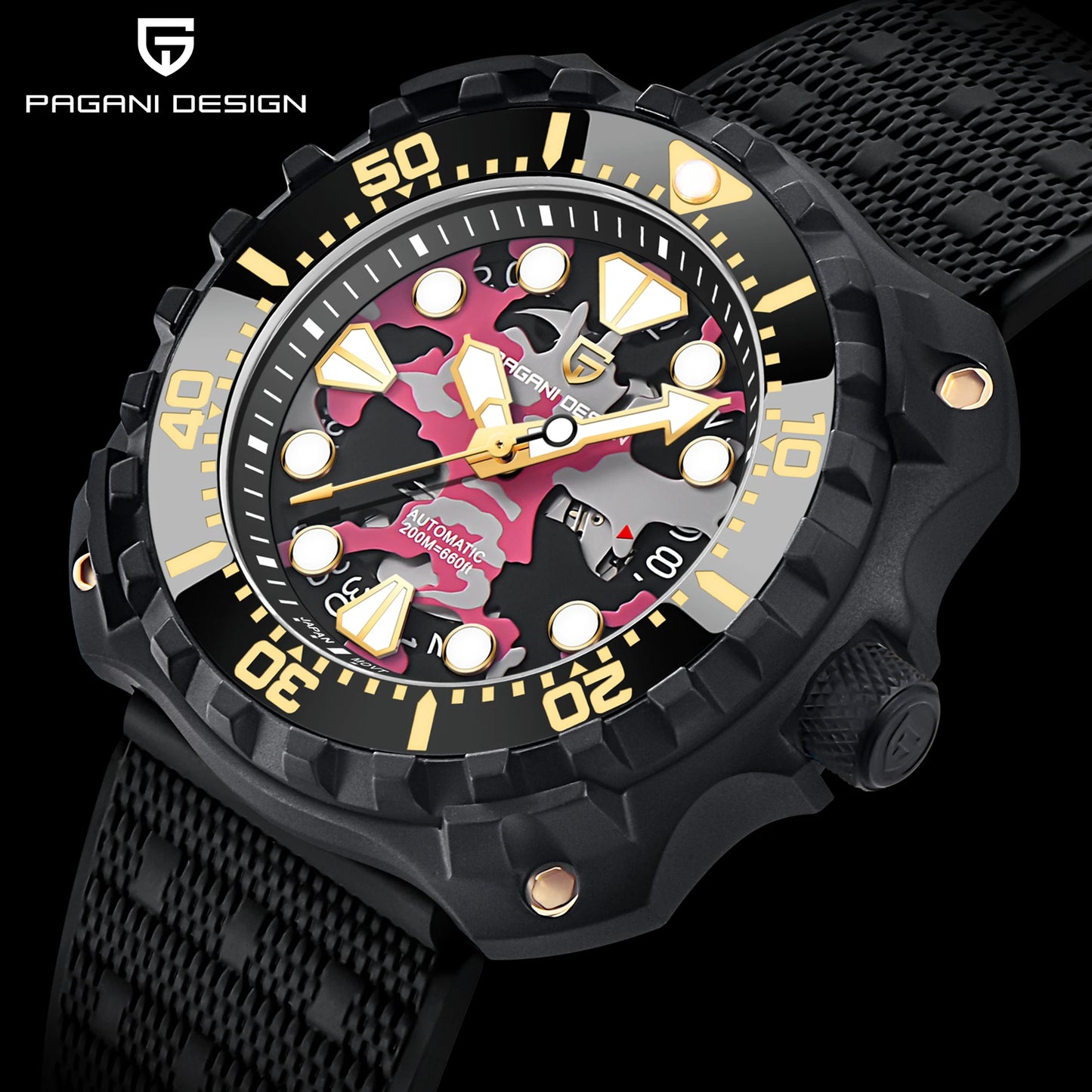 PAGANI DESIGN PD YN009 Men's Mechanical Watch - Camouflage Hollow Automatic NH35 Movement, 200M Waterproof Dive Watch