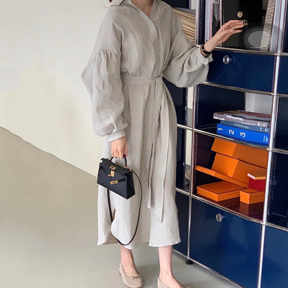 Women Casual Loose Lantern Sleeve Mid-length Shirt Dress