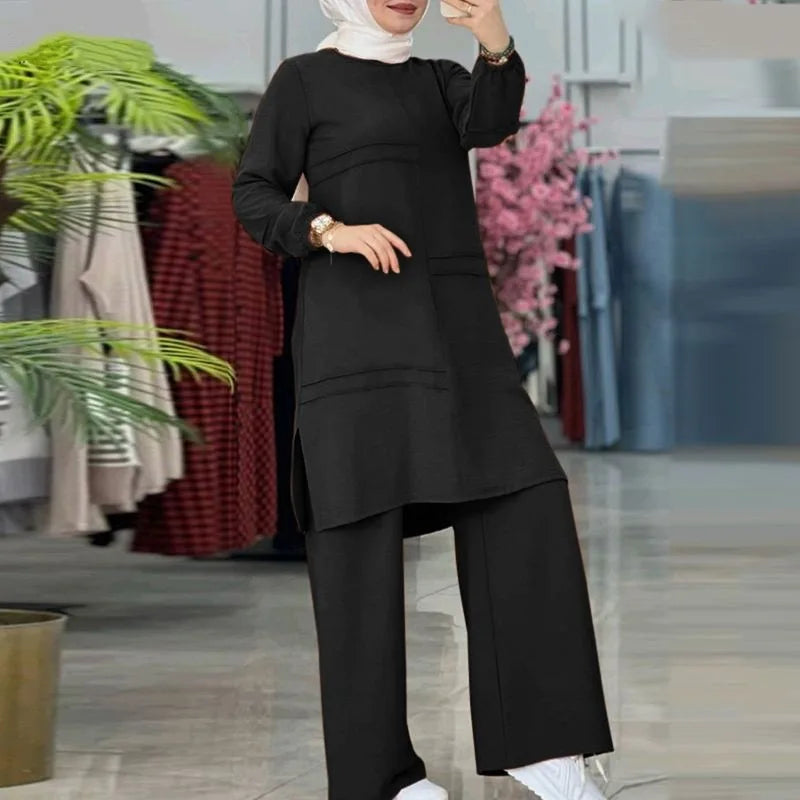 Elegant Muslim Women's Two-Piece Set – Long-Sleeved Shirt & Wide-Leg Pants | Modest Solid Color Outfit Ceyda