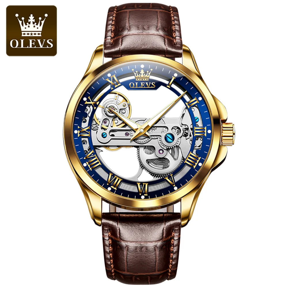 OLEVS 6661 Men's Mechanical Watch – New Design, Skeleton Dial, Real Leather Band, Waterproof, Transparent Mirror Wristwatch