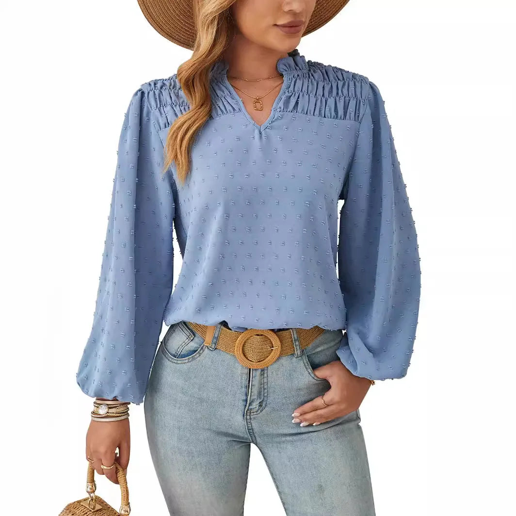Women's Long Sleeve Chiffon Blouse – Pleated Woven Jacquard Shirt