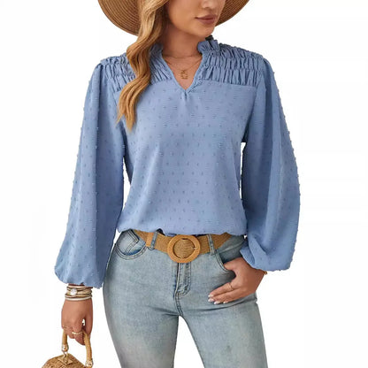 Women's Long Sleeve Chiffon Blouse – Pleated Woven Jacquard Shirt