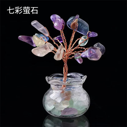 Natural Crystal Fortune Tree – Hand-Woven Mini Crystal Tree Ornaments with Gravel Gems in Glass Vases