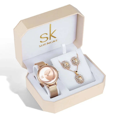SK Women’s Watch and Bracelet Set – Fashion Bling Jewelry Gift Set with Necklace | Stylish Ladies Wristwatch Set