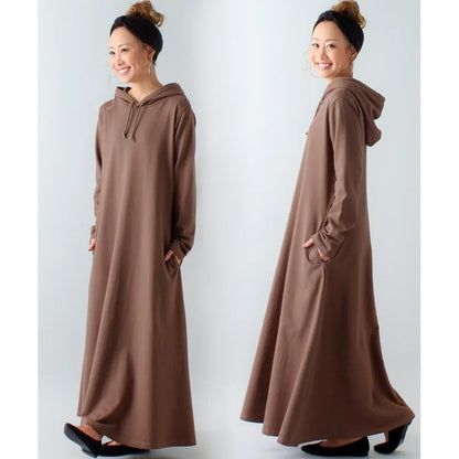 Women’s Maxi Pleated Dress with Pockets | Korean Fashion Winter Hooded Dress Mavy