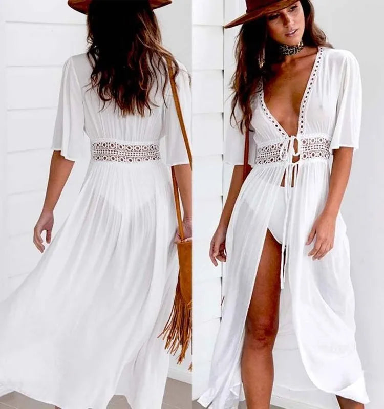 Women Beach Dress Solid Black White Lace Beachwear Sun Protection Knitted Swimsuits Beach Cover up
