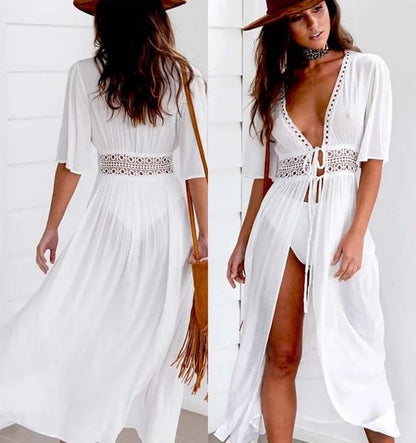 Women Beach Dress Solid Black White Lace Beachwear Sun Protection Knitted Swimsuits Beach Cover up