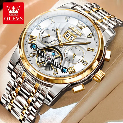 OLEVS 9910 Men's Luxury Tourbillon Watch - Automatic Mechanical, Stainless Steel Strap, Waterproof, Luminous Dial, Auto Date Display, Business Style