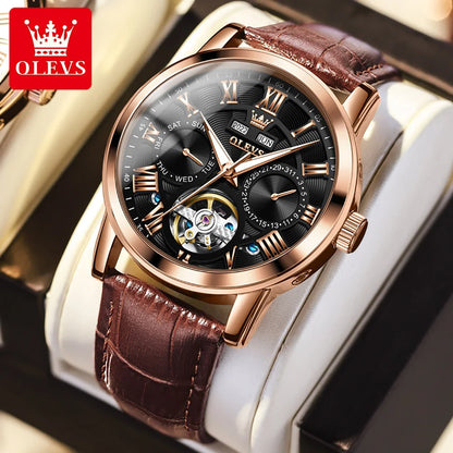 OLEVS 6668 Men's Mechanical Watch - Luxury Business Wristwatch with Genuine Leather Band, Waterproof and Luminous Design