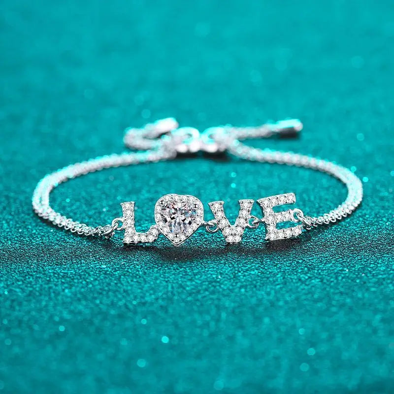 925 Sterling Silver VVS Moissanite Bracelet – Rhodium-Plated Love Letter Design Bangle for Valentine's Day Gifts Greta