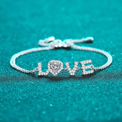 925 Sterling Silver VVS Moissanite Bracelet – Rhodium-Plated Love Letter Design Bangle for Valentine's Day Gifts Greta