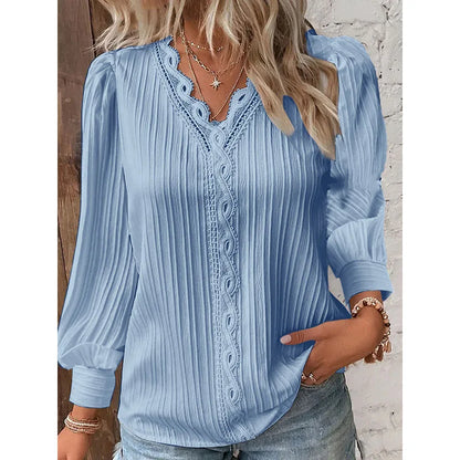 Women's White Lace V-Neck Blouse - Long Sleeve Casual Shirt Jenna