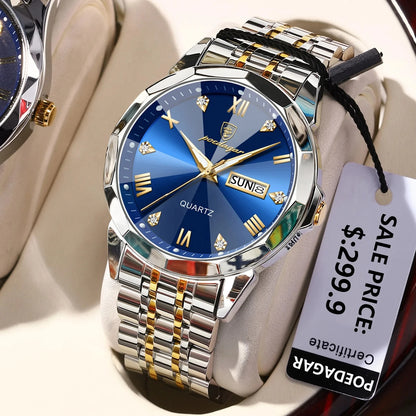 POEDAGAR 810 Men's Luxury Business Watch – Stainless Steel Waterproof Quartz Watch with Luminous Hands, Date Display, and Blue Dial Gerard