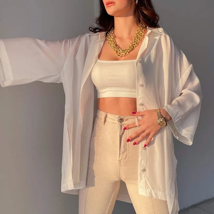 Women Spring Summer Comfortable Casual Solid Color Split Shirt Casual Loose Flared Sleeves Shirt