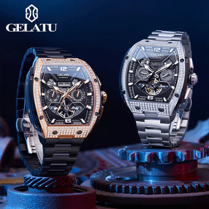 Gelatu 6016 Men's Fashion Automatic Mechanical Watch with Stainless Steel Strap – Waterproof Branded Wristwatch