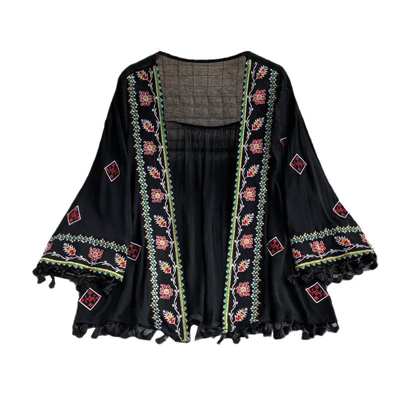 Women's Bohemian Ethnic-Style Loose Embroidered Tassel Top – Seaside Vacation Sun Protection Shawl Shirt