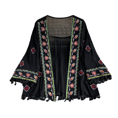 Women's Bohemian Ethnic-Style Loose Embroidered Tassel Top – Seaside Vacation Sun Protection Shawl Shirt