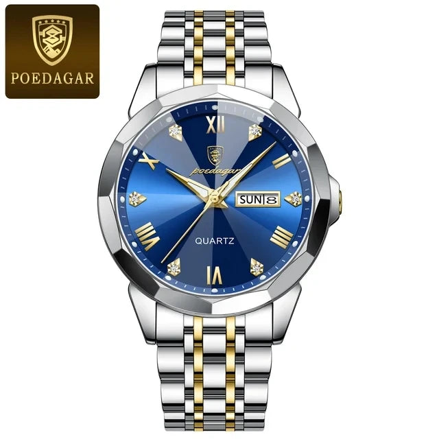 POEDAGAR 810 Men's Luxury Business Watch – Stainless Steel Waterproof Quartz Watch with Luminous Hands, Date Display, and Blue Dial Gerard
