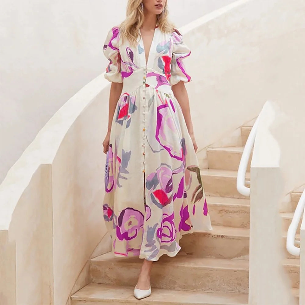 Women Summer Casual Chiffon Floral Print V Neck A-line Maxi Long Beach Women Elegant Dress