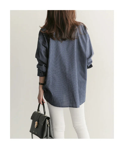 Women’s Spring and Autumn Cotton Striped Blouse – Loose Casual Long Sleeve V-Neck Button-Up Shirt with Lapel Design Ciara