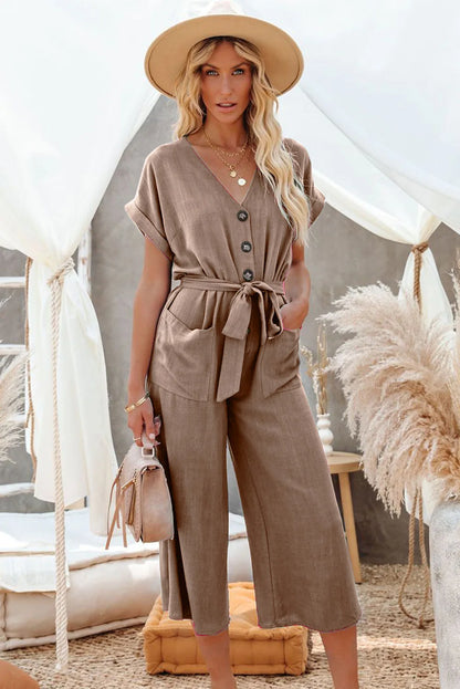 Women's Loose V-Neck Jumpsuit | Casual Lace-Up Design with Pockets Janine